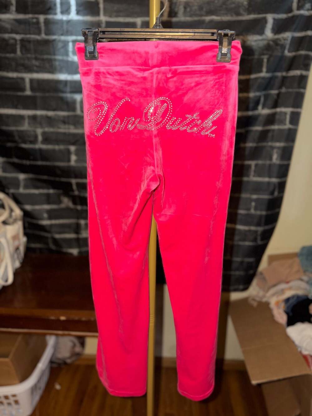 Von Dutch Hot Pink Velour Track Pants with Bling Logo